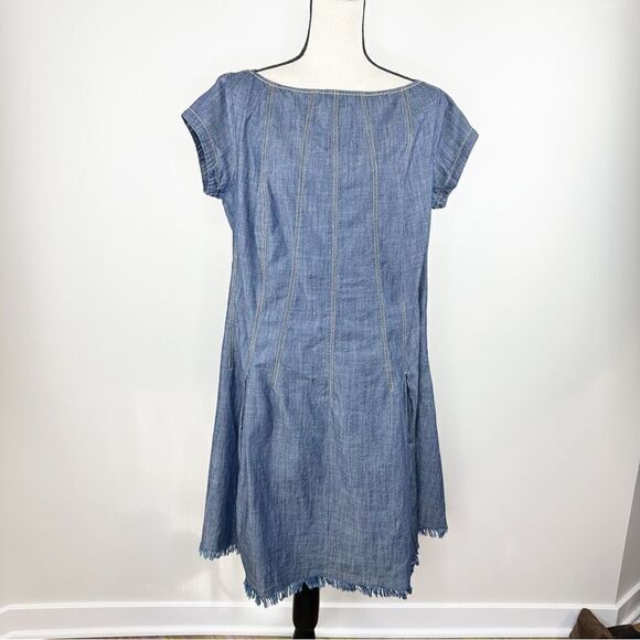 ZAPPELLE CUSTOM Medium Wash Denim‎ Blue Cap Sleeved Pleated Trapeze Dress Sz XL - Picture 1 of 14